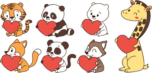Valentine Cute Animals Holding Hearts Love Clipart Set