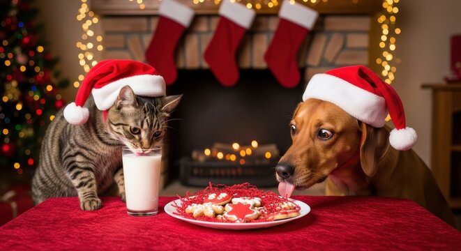 Adorable cat and dog wearing Santa hats caught stealing Christmas cookies and milk.