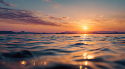 Obraz premium Serene ocean view at sunset with warm colors reflecting on the water surface and sky