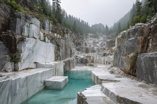 Natural marble formations and reflective pool in a remote quarry setting