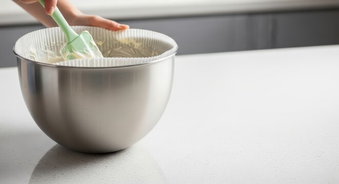 Close-up of hand mixing batter in silver bowl on white countertop