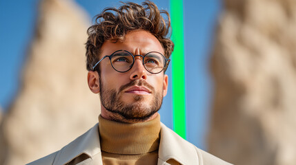 Male Architect Working on Floating Drafting Table in Surreal Canyon