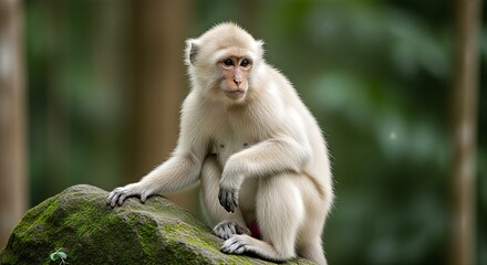 Fototapeta premium Albino monkey perched on mossy rock.