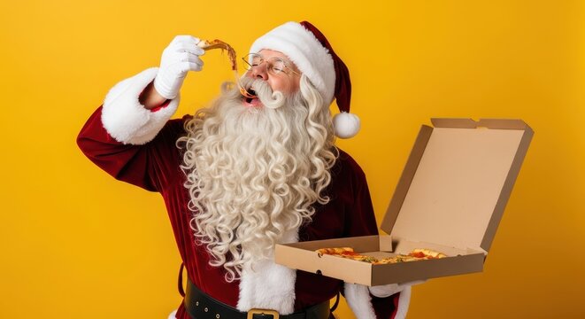 Santa Claus enjoying a cheesy slice of hot pizza from a delivery box against a yellow background.