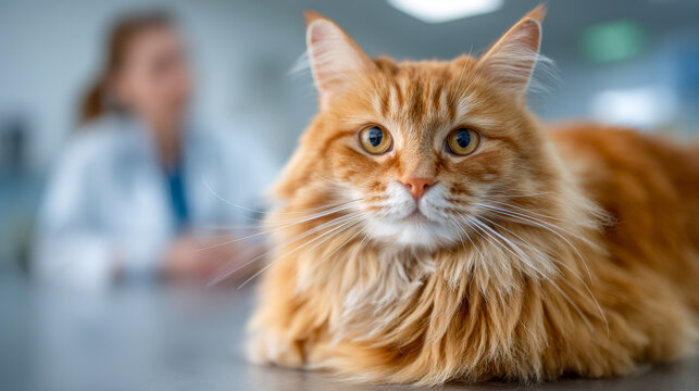 Close-up of a fluffy ginger cat lying on a table with a blurred veterinarian in the background inside a modern pet clinic environment