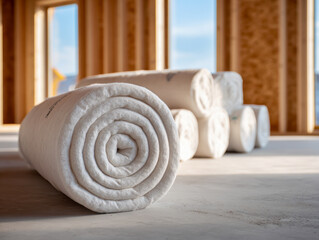 Rolls of insulation material placed on the floor inside a wooden house under construction with sunlight streaming through empty window openings and framing visible