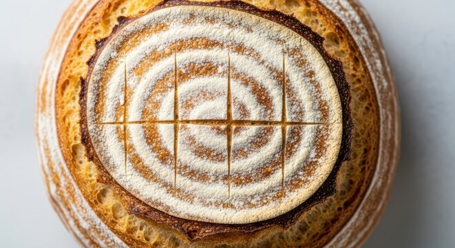 Artisan sourdough bread with unique scoring and flour pattern - Powered by Adobe