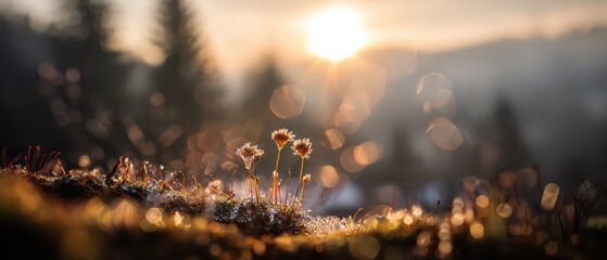 Surreal sunrise over fragile flowers in Andromania