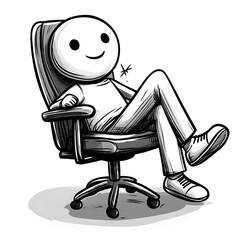 Cheerful stick figure character experiencing a successful moment while relaxing in an office chair with feet up