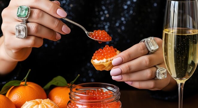 Woman's hands wearing opulent diamond rings serving red caviar canapé with a glass of champagne