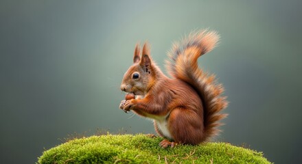 Detailed profile of a wild red squirrel eating a nut on bright green moss.