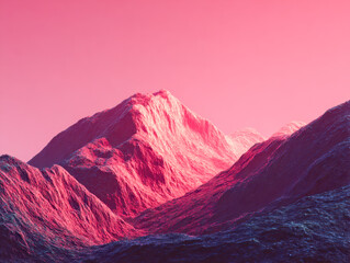 Majestic rugged mountain range bathed in surreal pink and purple hues under a vibrant sky during an otherworldly sunset or sunrise landscape scene
