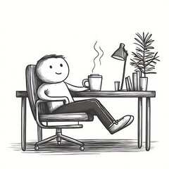 Cheerful Stick Figure Character Relaxing at a Desk with Books and Coffee