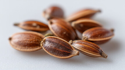 A close up view of a pile of brown seeds with visible textures on a white surface in soft focus