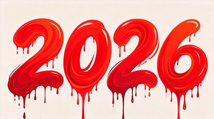 Glossy Red Dripping 2026 Numerals With Thick Paint Drips Over Minimal Light Beige Backdrop, Dramatic Paint Typography