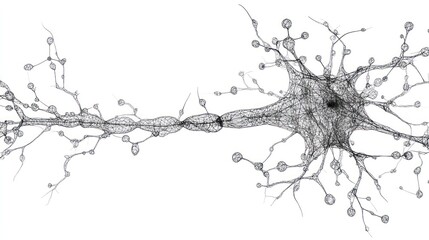 Detailed grayscale illustration of a neuron, showcasing its complex structure and branching networks