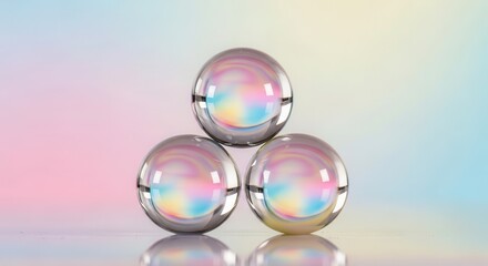 Three reflective spheres are stacked in a triangular formation against a soft pastel background
