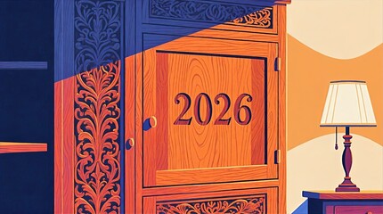 Ornate Carved Wooden Wardrobe Featuring Central 2026 Emblem Beside Lamp Lit Nightstand And Patterned Wall, Vintage Bedroom Decor