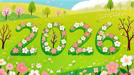 Flower Filled Meadow With Rolling Hills Trees And Sky Where Bold Floral 2026 Digits Bloom Centrally, Spring Nature Background