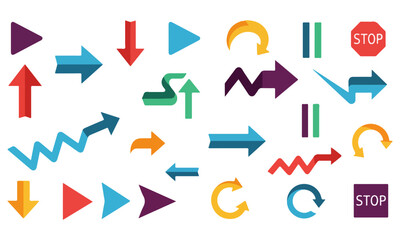 Collection of Colorful Flat Arrows and Stop Signs Pointing in Various Directions