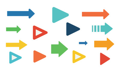 Collection of Colorful Arrows and Play Buttons Pointing Right on White Background