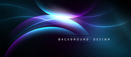 Abstract dark background features flowing curves, vibrant blues, purples, bright light source. Modern design element.