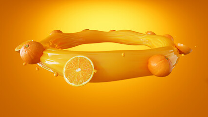 3D rendering of Fresh Oranges Floating in Orange Juice Splash Ring on Bright Orange Background

