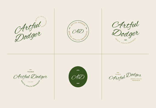 Elegant Green and Gold Script Logo Set Badge Collection for Mental Health Awareness