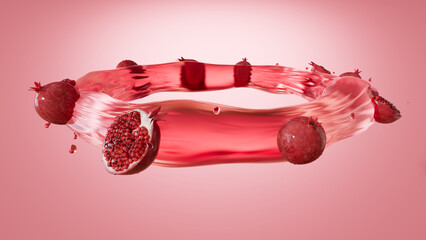 3D rendering of Fresh Pomegranates Floating in Red Juice Splash Ring on Pink Background


