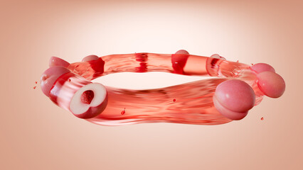 3D rendering of Fresh Peaches Floating in Pink Juice Splash Ring on Soft Peach Background

