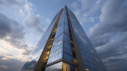 Fototapeta premium A striking modern glass skyscraper viewed from a low angle with reflections in its facade against a dramatic twilight sky filled with clouds