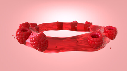 3D rendering of Fresh Raspberries Floating in Red Juice Splash Ring on Pink Background

