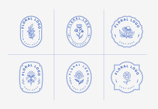 Botanical Floral Logo Set &ndash; Minimal Line Art Badge & Emblem Collection