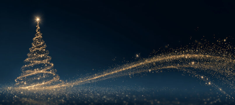 Golden christmas tree star glow swirl, festive sparkle, dark background, joyful mood