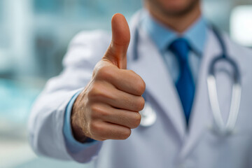 Medical professional in white coat giving a thumbs-up gesture expressing approval and confidence during healthcare consultation in clinic environment