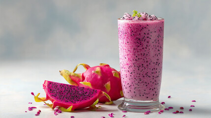 A tall glass of dragon fruit smoothie next to a sliced and whole dragon fruit on a white surface