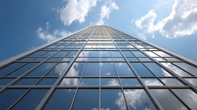 A modern glass skyscraper viewed from below against a blue sky with white clouds