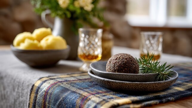 cultural event celebration, close-up of burns night essentials haggis, neeps, tatties, whisky, rustic textures, and traditional scottish decor on a table