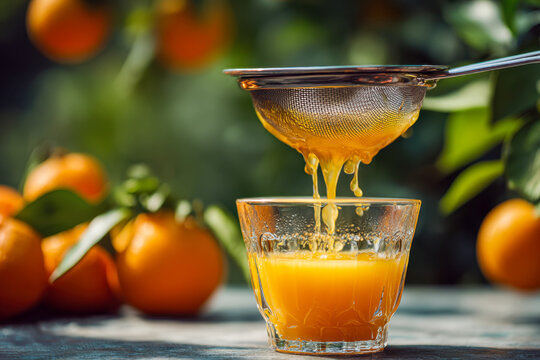 Freshly squeezed orange juice dripping through a fine mesh strainer into a glass with ripe oranges and green leaves in soft focus natural light setting