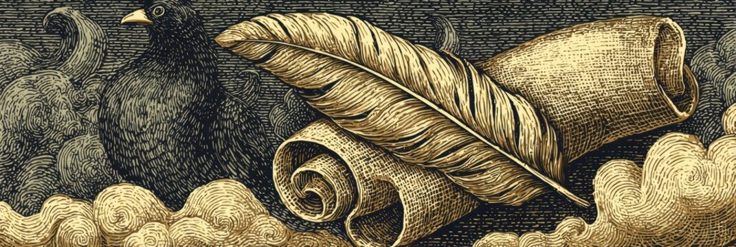 vintage illustration, classic engraving-style burns night banner featuring robert burns, quill, scrolls, sepia tones, elegant composition