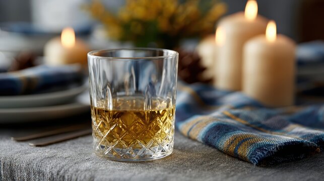 whisky glass still life, whisky glass with reflections of tartan cloth and candles, part of a burns night celebration table setting, with cinematic lighting
