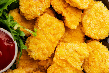 Chicken nuggets fast food natural tasty appetizer fresh delicious gourmet food background on the table rustic top view copy space