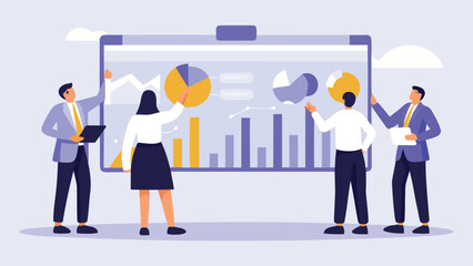 Diverse group of people engaged in a detailed statistical data visualization discussion highlighting collaboration and analysis
