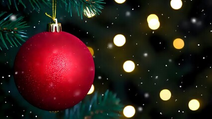 Red, Matte Christmas Ornament Hanging on a Pine Branch