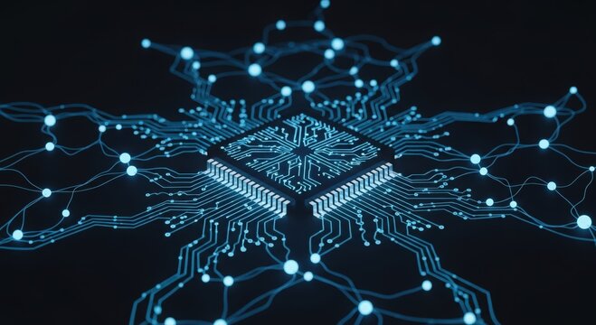bright chip network, illuminated integrated circuit hub channeling data through connected pathways