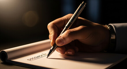 Businessman writes secret password with pen in notebook, password security storage.