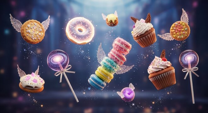 Assortment of whimsical, winged confectionery items floating in a magical, dark setting