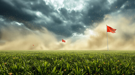 Red Flags in the Storm: Two defiant red flags stand tall against a dramatic backdrop of a stormy sky and windswept field. This evocative scene symbolizes resilience.