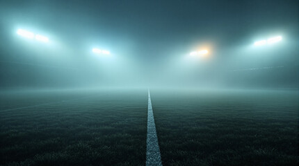 Foggy Stadium Spectacle: An atmospheric shot captures a football stadium engulfed in a mysterious fog, illuminated by bright stadium lights, with a clear focus on the pitch lines.