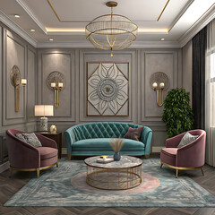Elegant luxurious living room with teal sofa, gold details.
